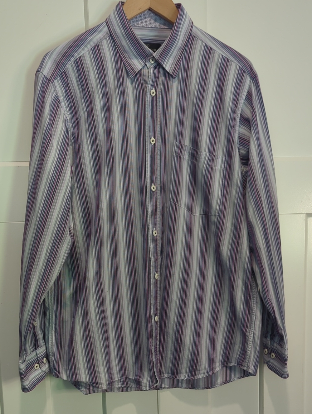Bugatchi Multistripe Button-Up Shirt in Purple, White and Blue Size L